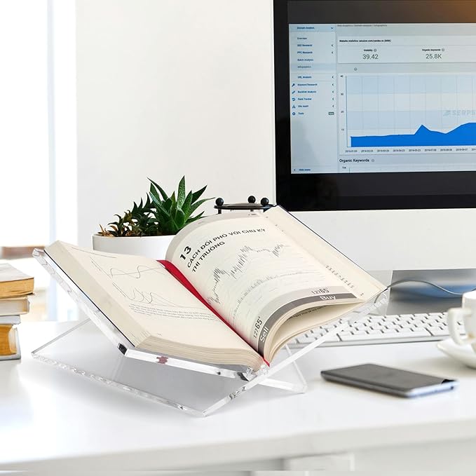 Large Clear Acrylic Book Stand for Reading and Display, Foldable Book Holder for Cookbooks, Art Books, Bibles, Magazines Open Book stand for Kitchen, the front stopper helps prevent books from sliding