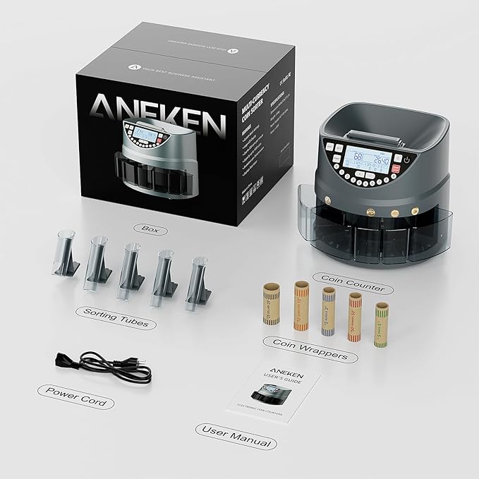 Aneken Coin Counter and Sorter with TFT Display - Accurate Sorting Machine for 5 Denominations, Smooth Operation at Up to 300 Coins Per Minute, Ideal for Efficient Money Management