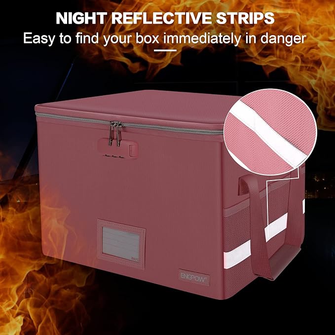 ENGPOW File Box with Lock, Fireproof Document Box with Zipper&Pockets, Collapsible File Organizer Filing Storage Cabinet with Handle, Portable Home Office Safe for Hanging Letter/Legal Folder, Pink