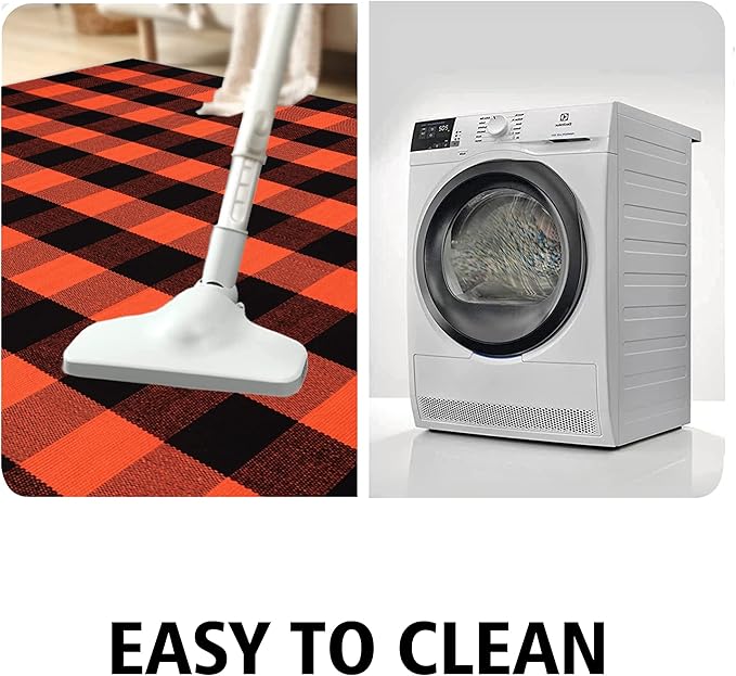 Fall Plaid Area Rug 4x6 Ft, Orange and Black Buffalo Check Large Farmhouse Cotton Rug, Hand-Woven Washable Indoor Outdoor Carpet for Halloween Thanksgiving Autumn Porch Patio Decor