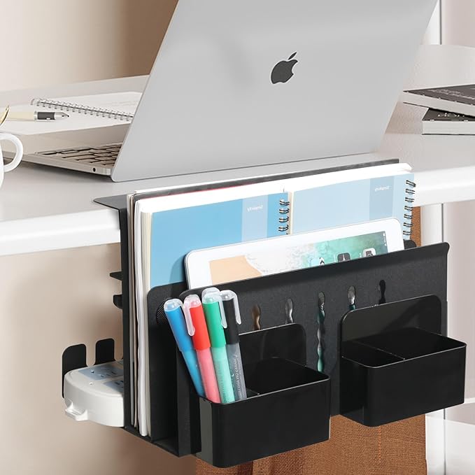 MAXECHO Desk Side Storage, Under Desk Laptop Mount, Table Side Hanging File Organizer, No Drill Clamp On Cable Management Tray, Laptop Holder with Magnetic Pen Holder for Office and Home, Load 22 Lbs