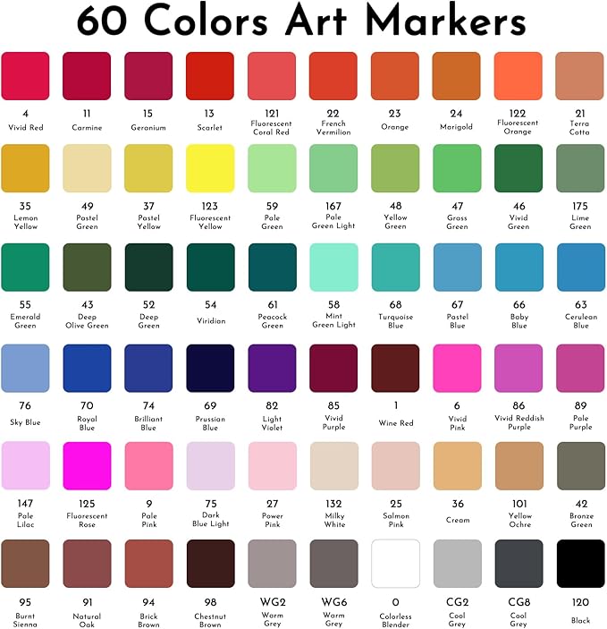 ABEIER Alcohol Markers, 60 Colors Dual Tip (Fine & Chisel) Art, Coloring Markers for Adults Kid, Ideal for Book Drawing Sketching Painting, Card Making, Includes 1 Colorless Blender