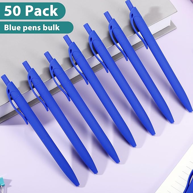 Pens Bulk, 50 Pack Retractable Ballpoint Pen, No Bleed Blue Click Pens, Blue Shell Black Ink Writing Pen in Medium Point, 1.0 MM Black Smooth Ink, Ideal for Office, School & Everyday Use