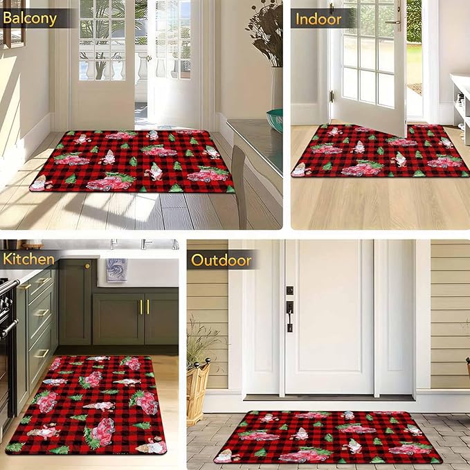 Christmas Front Door Mat Entryway Rug Buffalo Plaid Welcome Matt Front Porch Rugs Santa Claus Truck Doormat Outdoor Entrance Outdoor Rug Floor Mats, 18" x 30"Inch