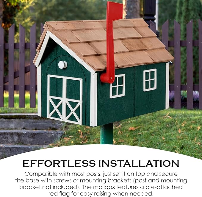 Peaceful Classics Amish Cedar Roof Wooden Mailbox with Window & Door Trim, Handcrafted Mailboxes for Outside, Post Mount Residential Mailboxes - (White with Burgundy Trim)