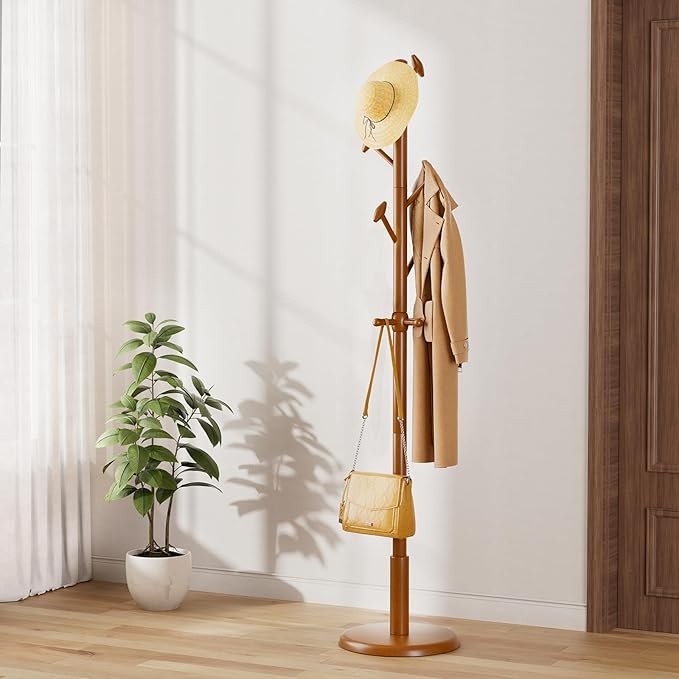 Solid Wood Coat Rack Freestanding Coat Tree with 10 Hooks for Bedroom, Livingroom, Entryway, Sturdy Coat Hanger Stand for Hats, Coats, Scarves, Handbags, Purses