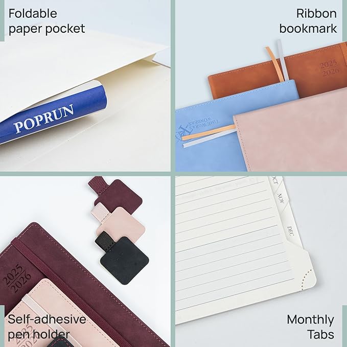 POPRUN Planner 2025-2026 Weekly Notebook (Large 8.5''x 10.5'') Academic Calendar (JUL.25 - JUN.26) Appointment Book with Monthly Tabs, Leather Soft Cover, Inner Pocket, 100 GSM - Black