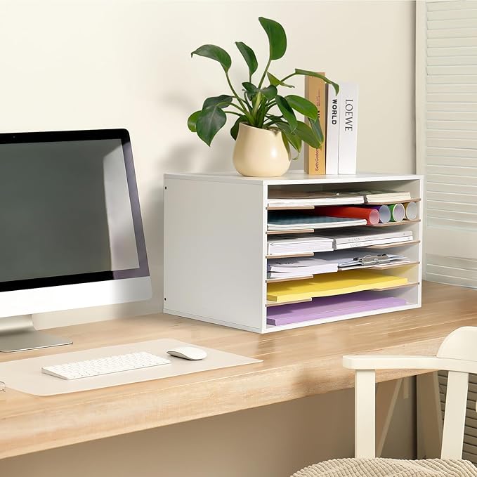 12x18 Construction Paper Organizer, Larger Size Wooden Literature Organizer, 6-Tier Desktop File Organizer for Home and Classroom, Adjustable Paper Sorter for Office