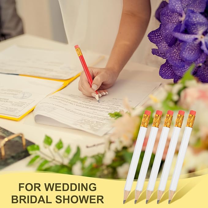 MECCANIXITY Golf Pencils with Erasers, 4" HB Mini Half Pencils Pre Sharpened Small Pens for Wedding Bridal Shower Game Office Writing Drawing(White, Pack of 50)