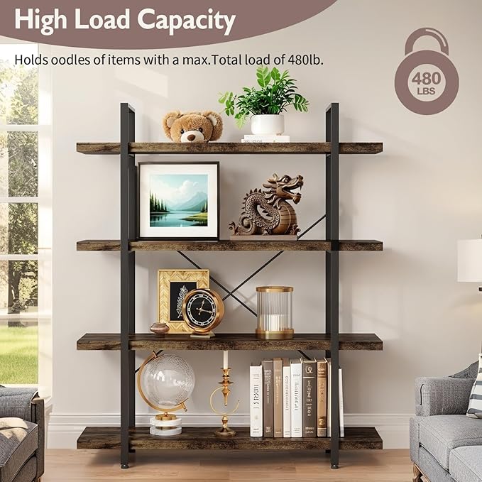 4 Tier Bookcase, 47 Inch Wide Wood Bookshelf, 120lbs Shelf Capacity, Rustic Open Shelving Industrial Display with Reinforced Horizontal Brown Shelves for Living Room Bedroom Office