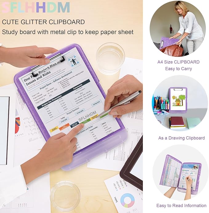 Glitter Clipboard with Storage,Storage Clipboard with Pen Holder,A4 Binder Clip Boards 8.5x11 with Low Profile Clip,Side Opening Sparkle Clipboards, Clipboards Folder for Office Supplies-Pale Purple