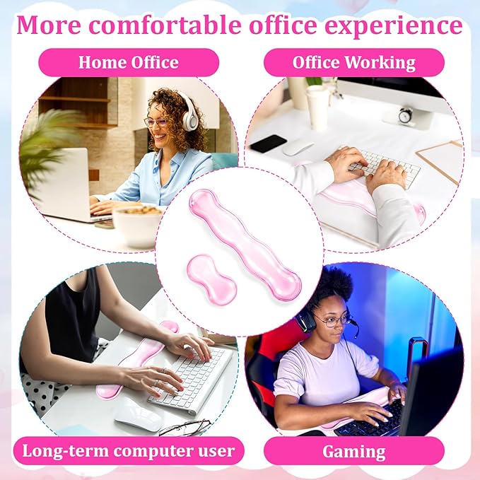 Ergonomic Gel Wrist Rest Set Anti Slip Silicone Keyboard and Mouse Pad Clear Pink Keyboard Support for Office Typing or Gaming, Relieve Wrist Pain