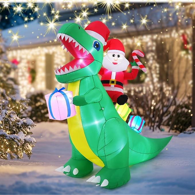 7FT Christmas Inflatables Decorations, Santa Claus Ride Green Dinosaur with Xmas Gift Boxes & Candy Cane Decoration, Christmas Blow Up Dino Inflatable Built-in LED for Christmas Inflatables Outdoor