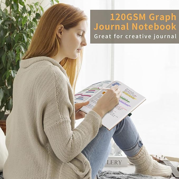 AHGXG Graph Paper Notebook - Grid Notebook Journal, 120 GSM Thick Graph Paper, Large B5 Notebook 96 Pages, Leather Softcover, for Graphing, Writing, Math, Engineering, 7.6'' X 10'' - Gray Blue