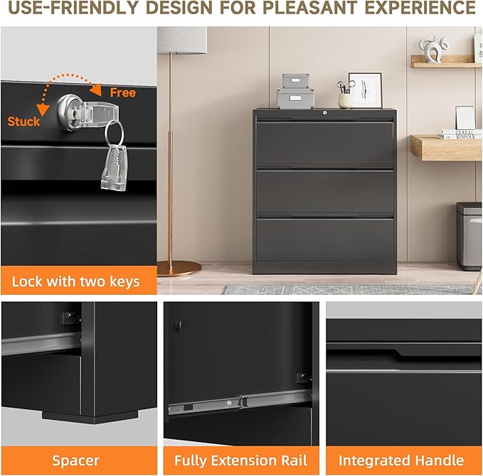 Lateral File Cabinet, 3 Drawer Lateral File Cabinet with Lock, Lockable Metal File Cabinet for Home Office, File Cabinet for Letter/Legal/F4/A4 Size (Black, 3 Drawer)