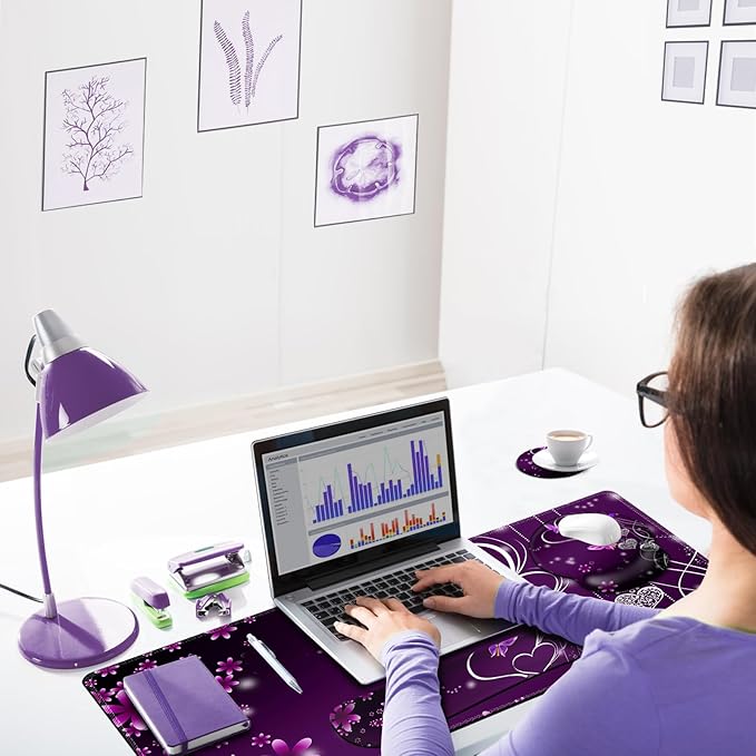 ARTSO Desk Mat, Large Gaming Mouse Pad Wrist Support Set, Ergonomic Keyboard Wrist Rest Desk Pad with Coaster Combo, Extended Mousepad with Non-Slip for Home Office, Purple Heart Butterfly