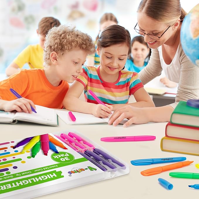 V-Opitos 30 Pack Highlighters in 6 Assorted Colors, No Bleed, Bright With Soft Chisel Tips, Ideal for Office and School Supplies