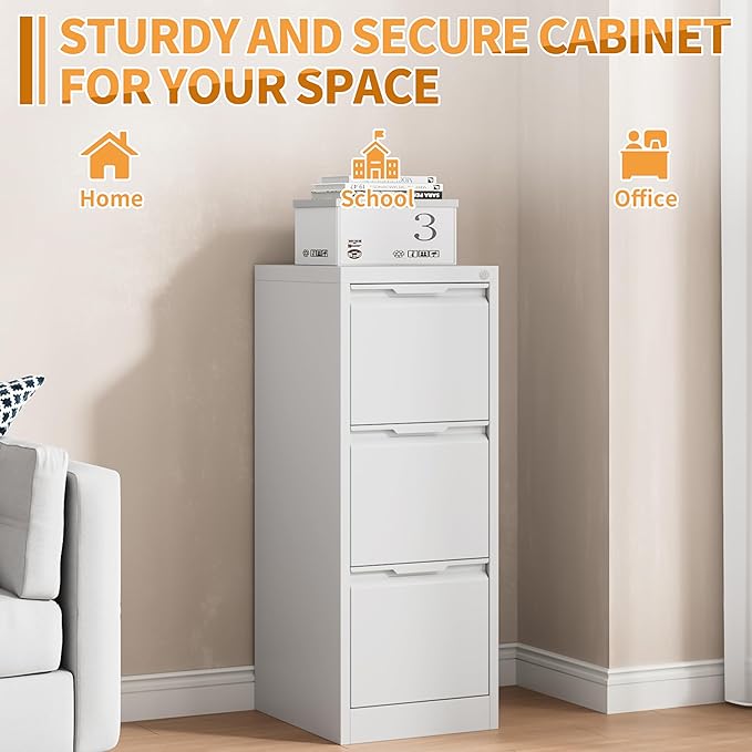 3-Drawer Metal File Cabinet with Lock,Steel Printer Stand with Storage for Home Office,Vertical Filing Cabinet for Legal/Letter/A4 Files,Assembly Required(15''W-3 Drawers,White)