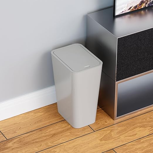Yieach 12L Slim Bathroom Trash Can with Lid,3.17 Gallon Pet/Dog Proof Kitchen Trash Can,Rectangle Thin Garbage Can,Covered Waste Basket,Narrow Small Plastic Trashcan for Room,Bedroom,Office,Grey 2PCS