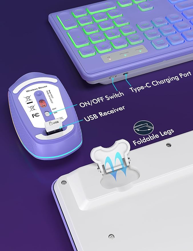 Wireless Keyboard and Mouse Combo, RGB Backlit, Rechargeable & Light Up Letters, Full-Size, Ergonomic Tilt Angle, Sleep Mode, 2.4GHz Quiet Keyboard Mouse for Mac, Windows, Laptop, PC, Trueque(Purple)