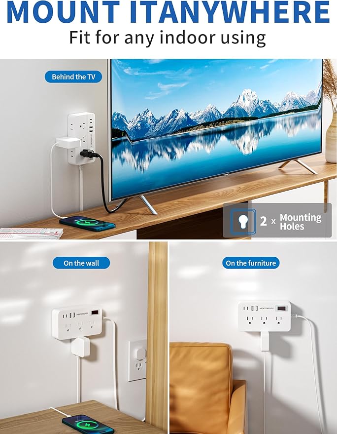 Surge Protector Power Strip - 5Ft Braided Extension Cord Flat Plug with 6 Outlets and 2 USB-A 2 USB-C Ports, 1080 Joules Wall Mounted Charging Station for Office Home ETL (10 FT)