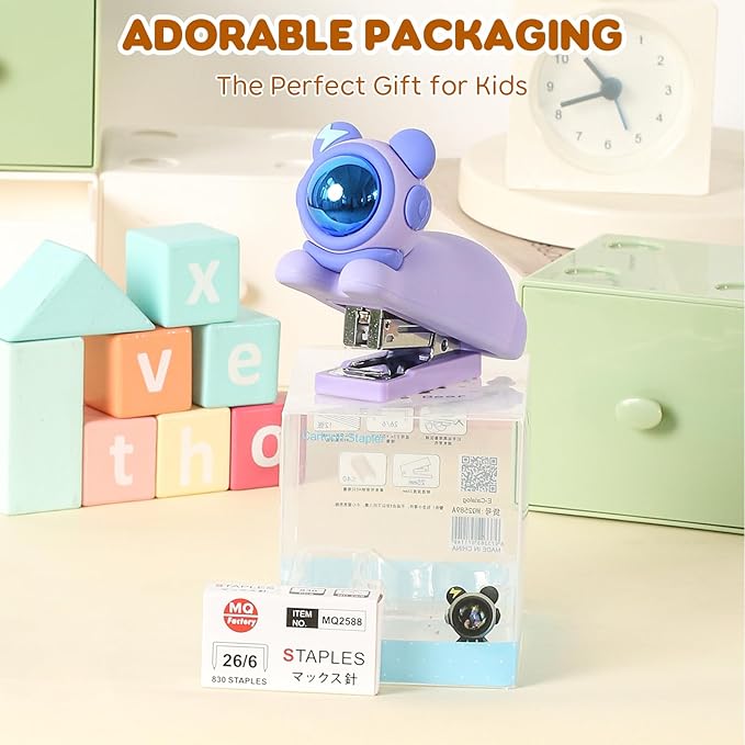 Honagu Cute Stapler, Cartoon Stereoscopic Silicone Stapler, Labor-Saving Office Supplies, Desktop Stationery Gift for Students Kids (Purple)