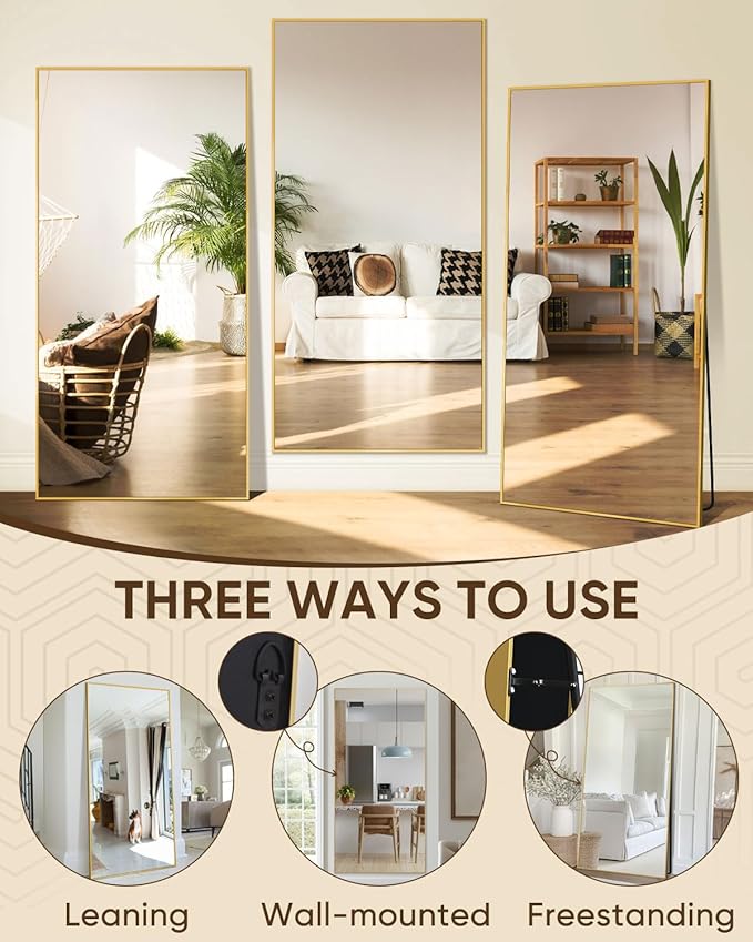 Antok Full Length Mirror, 76"x34" Floor Mirror, Floor Standing Freestanding Full Body Mirror with Stand for Bedroom, Hanging Mounted for Living Room Cloakroom, Gold
