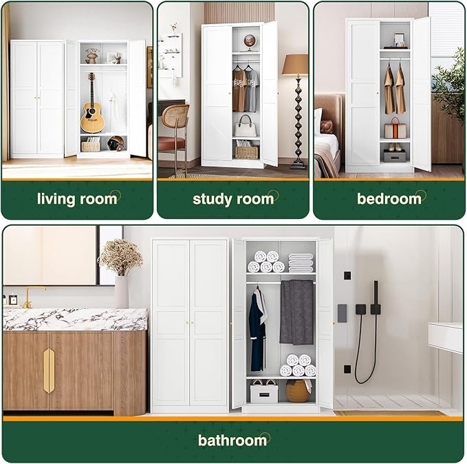 Letaya Wardrobe Armoire Closet,72" H Metal Storage Cabinet with Adjustable Shelves and Hanging Rod,Bedroom Armoire Cabinet Clothes Organizer (White)