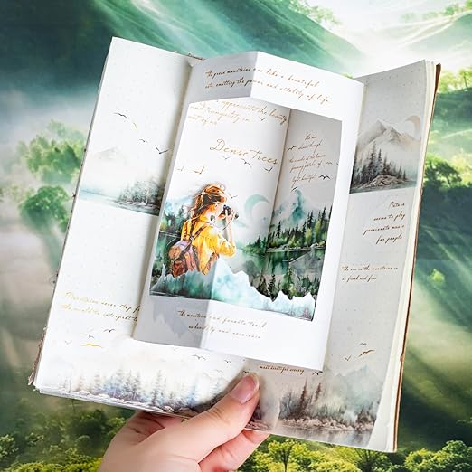 Mountain Forest Washi Tape Set, 6 Rolls with Poetic Text and Gold Foil Accents, Includes Clip for Scrapbooking, Journaling, and Planner Supplies