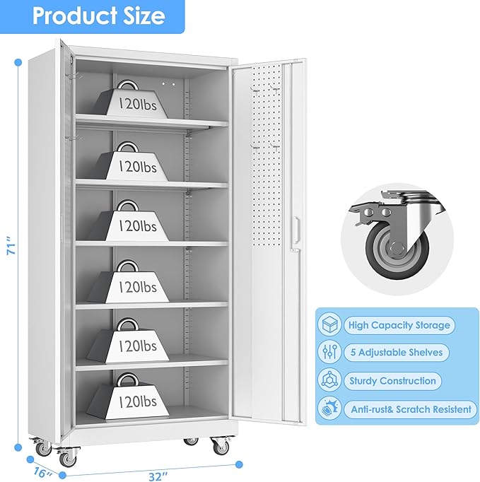 Aobabo Upgraded Garage Storage Cabinets with Wheels,Metal Storage Cabinets with 5 Adjustable Shelves for Garage Home Office Storage, White,71''H*32''W*16''D,Assembly Required