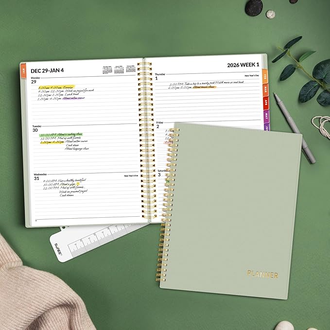 SUNEE 2026 Weekly and Monthly Planner - from January 2026 - December 2026, 8.5"x11" Daily Agenda Planner with Monthly Tab, Flexible Cover, Note Pages, Pockets, Bookmark, Spiral Binding, Sage Green
