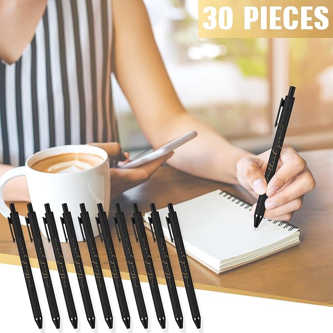 30pcs Thank You Pens Bulk Cute Multicolor Ballpoint Pen for Men Women Server Accessories Employee Holiday Appreciation Gifts for Teacher Office Back to School Party Favor (Black)