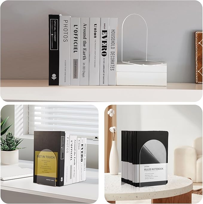 Adwikoso Book Ends for Shelves Clear Acrylic Bookends for Heavy Books Organizer Book Stopper to Hold Books for Home Office School and Desktop Decoration(Circular Arc) (6)