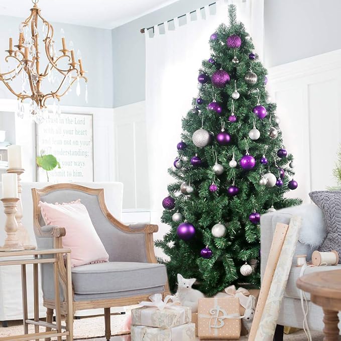 Purple & Silver 1.6" Small Christmas Balls Christmas Tree Decoration Ornaments Shatterproof Hanging Balls for Birthday Halloween Holiday Wedding Decorations Set of 24pcs