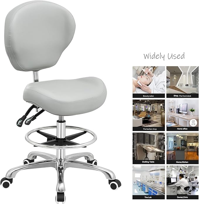 Kaleurrier Adjustable Stools Drafting Chair with Backrest & Foot Rest Tilt Back Swivel Seat Rolling Wheels for Studio Dental Office Salon and Counter Armless Tall Home Desk Chairs (Grey)