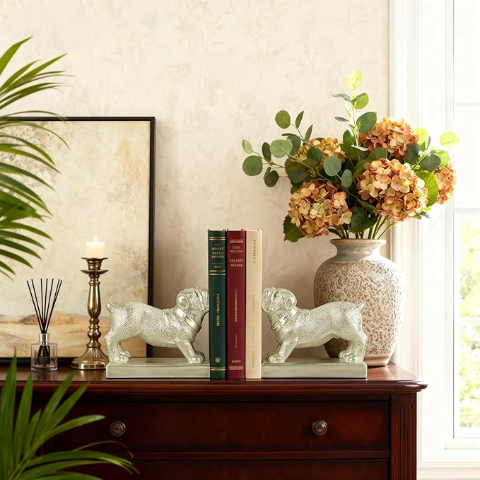 Decorative Bookends for Shelves, Dog Book Ends for Heavy Books, Bulldog Statues Bookends for Heavy Books with Anti-Slip Base Book Holders for Home Office Decor (Silver)