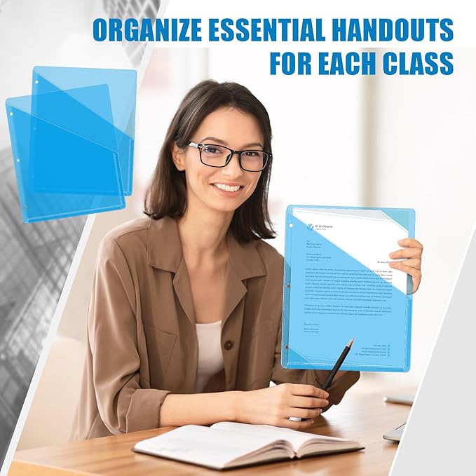 Seajan 48 Pcs Pocket Folders for 3 Ring Binder Clear Plastic Folders Sleeves with 2 Pockets 3 Hole Punch Binder Dividers Poly Slash File Jackets for Office School Document Organizer (Blue)