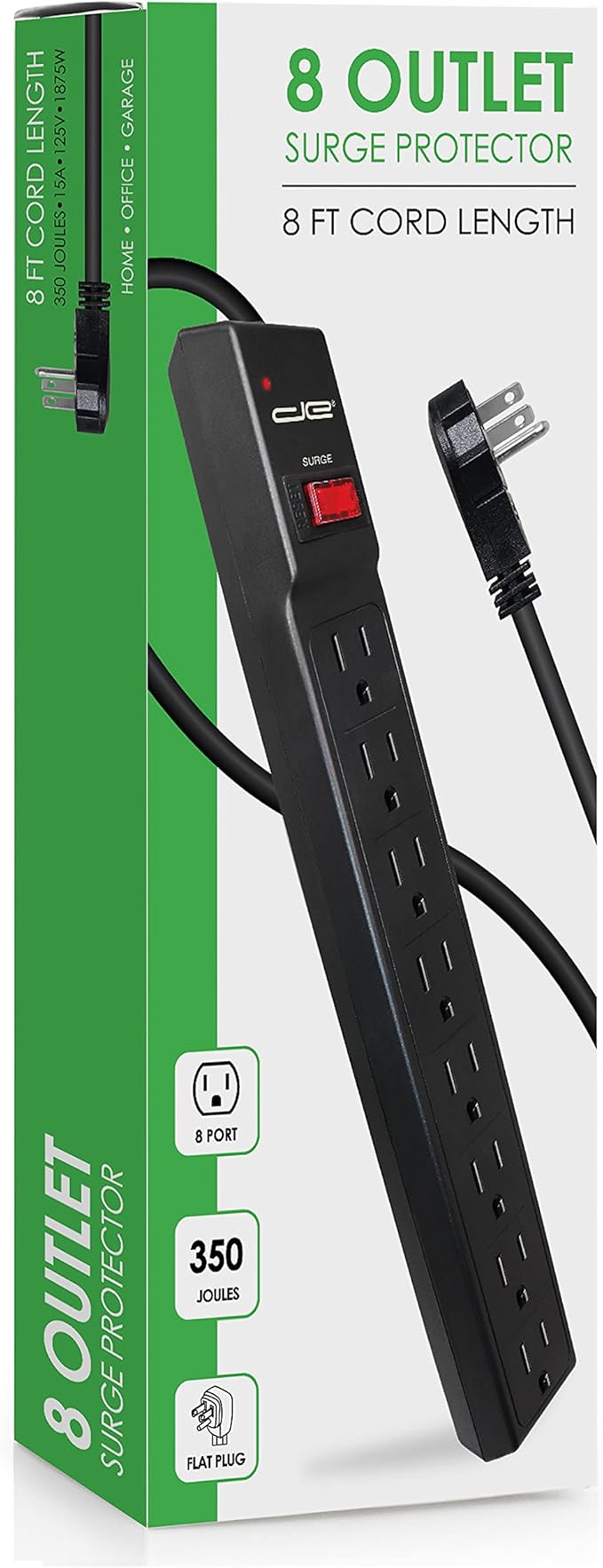 Digital Energy 8 Outlet Surge Protector Power Strip - 15 AMP, 1875 W, 125 V, 350 J Surge Protection, ETL Listed - Flat Plug, Black, 8 FT
