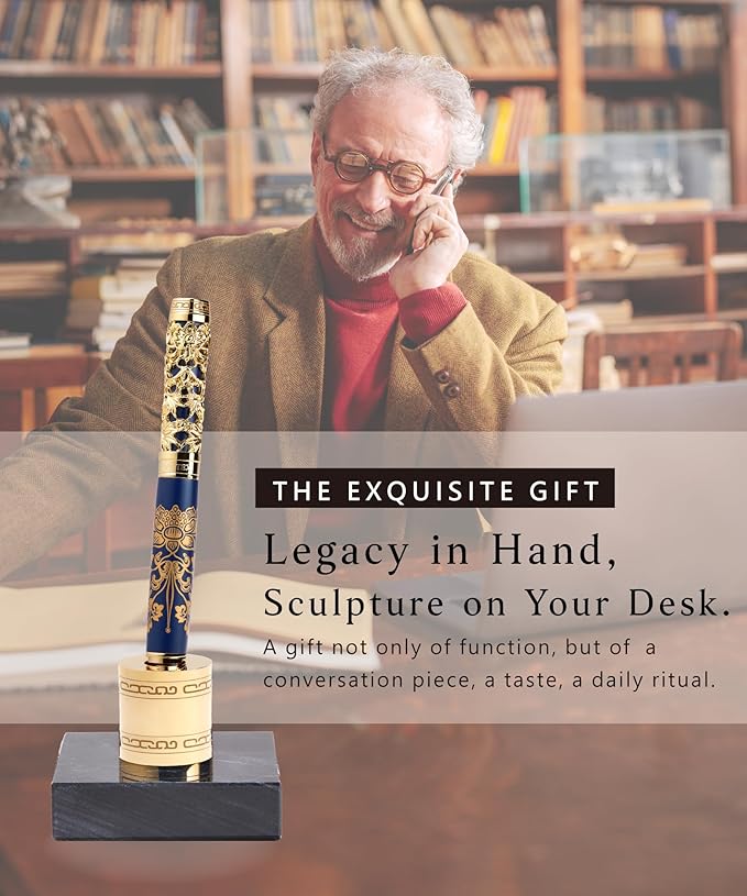 Luxury Fountain Pen Set With Stand - Museum Art Collections - Crafting Timeless Beauty - the Best Gift & Office Desk Decor, German SCHMIDT Fine Nib, Solid Metal & Marble Texture