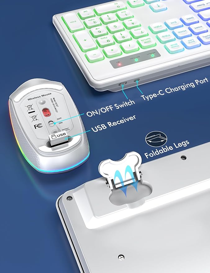 Wireless Keyboard and Mouse - RGB Backlit, Rechargeable & Light Up Letters, Full-Size, Ergonomic Tilt Angle, Sleep Mode, 2.4GHz Quiet Keyboard Mouse for Mac, Windows, Laptop, PC, Trueque(White)