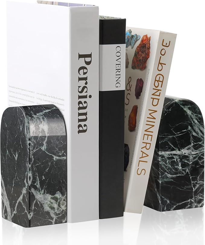 Koville Italian Natural Marble Bookends for Shelves, Decorative Book Ends, 7lbs Heavy-Duty Marble Book Holders, Bookshelf Apartment Decor for Normal Books/CD/Video Games(Verde Remeggiato)