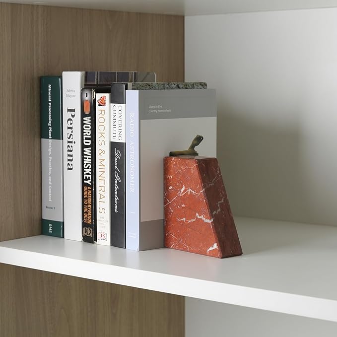Koville Marble Bookends for Shelves, Large Bookends for Heavy Books, Non-Slip Heavy Duty Book Stopper for CD/Movies, Aesthetic Decorative Book Ends for Bookshelf Table Home Decor(Red)