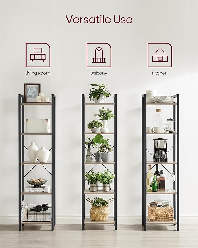 VASAGLE 5-Tier Bookshelf, Bookcase with Steel Frame, Book Shelf for Living Room, Home Office, Study, 11.8 x 15.7 x 60.2 Inches, Industrial Style, Heather Greige and Ink Black ULLS100B02