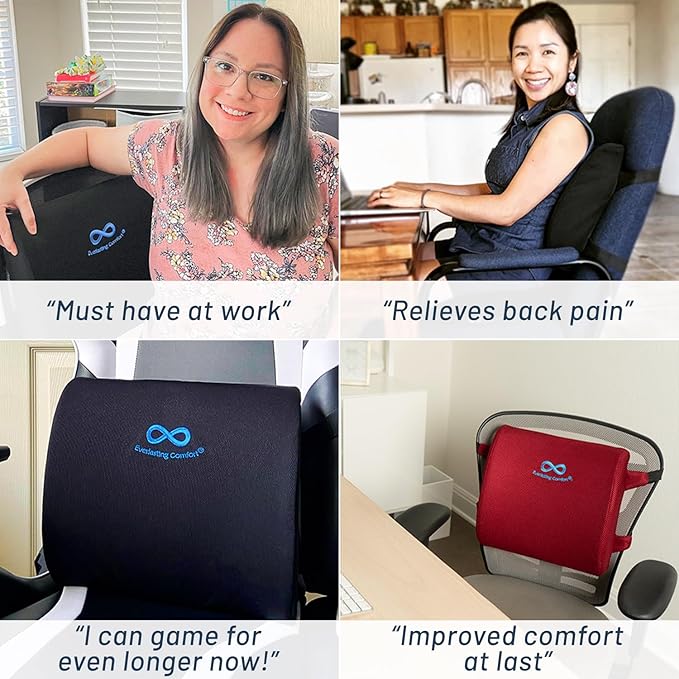 Everlasting Comfort Lumbar Support Pillow for Office Chair - Memory Foam Back Cushion for Car Seat - Promotes Better Posture, Back Pain Relief - Ideal Gaming and Desk Chairs Work and Home Essentials