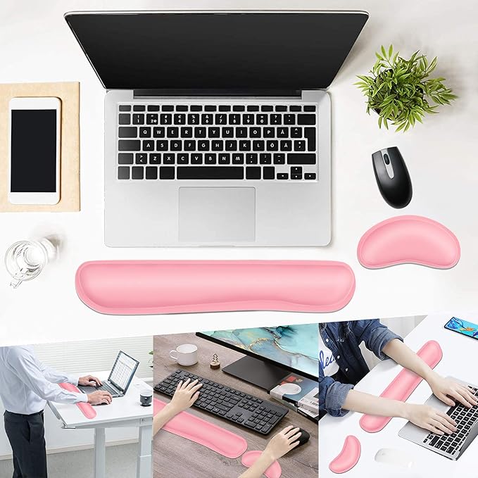 Dapesuom Keyboard Wrist Rest Set, Cute PU Leather Wrist Cushion for Computer Keyboard and Mousepad, Memory Foam Mouse Pad Rests Support with Non-Slip Base for Typing Pain Relief, Laptop, Pink