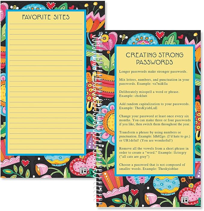 Current Mary Engelbreit Password & PIN Keeper Book, 94 Pages, 5” x 8.5” Size Spiral Bound, Soft Cover Internet Organizer for Offline Website, Login, & Username Storage