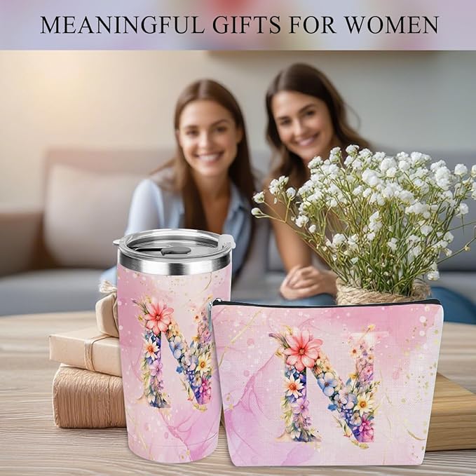Personalized Gifts Monogrammed Birthday Gifts for Women, Colleague, Female Farewell Christmas, Initial 20 oz Tumbler, Makeup Cosmetic Bag Cup Pens Journal Notebook 6 Set, (Aesthetic Pink Flower N)