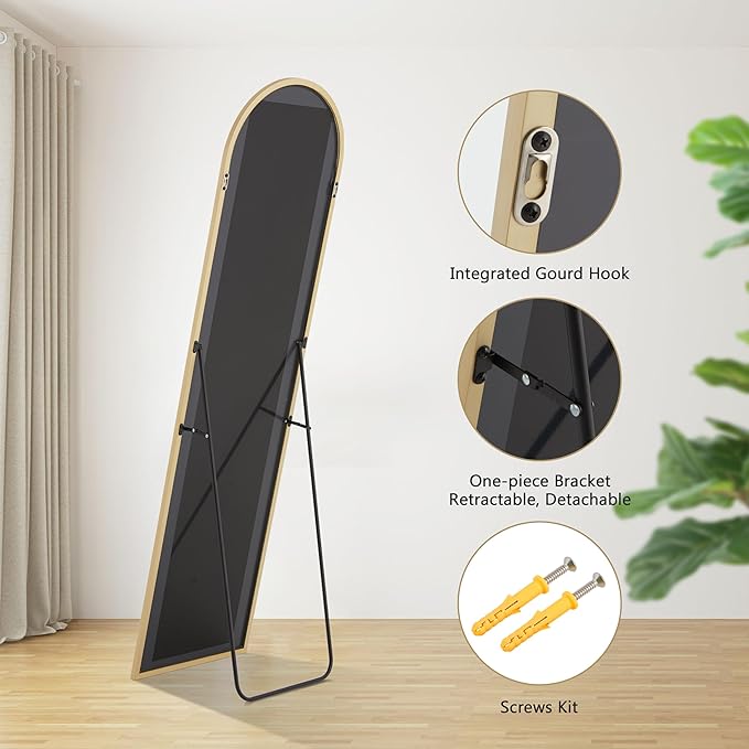 Simple Deluxe Arched Full Length Mirror, 64"×21" Large Mirror, Full Length Mirrors for Home Wall Decor, Arched Floor Mirrors with Stand for Bedroom Decor - Gold