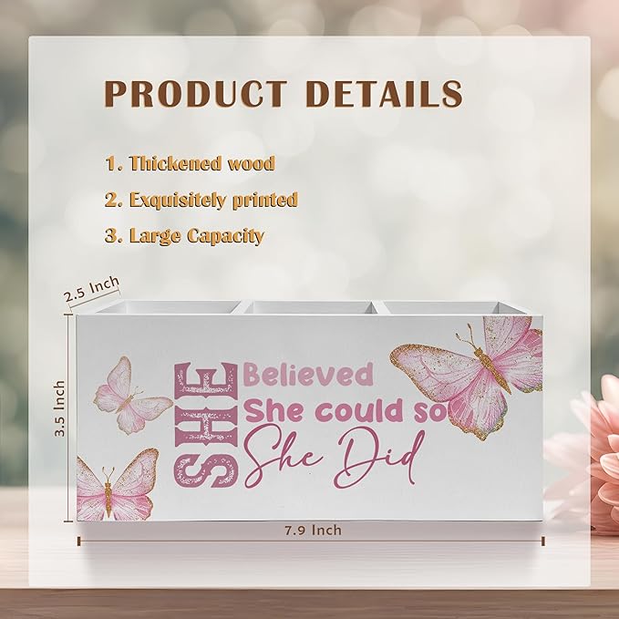 She Believed She Could Pencil Pen Holder for Desk, Inspirational Gifts for Women, Retro Coquette Butterfly Wooden Pencil Holder Organizer for Home Office Desk Accessories