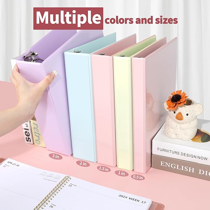 SUNEE 3 Ring Binder 3 Inch D Ring, Clear View Binder Three Ring PVC-Free (Fit 8.5x11 Inches) for School or Office Supplies, Assorted Pastel, 4 Pack